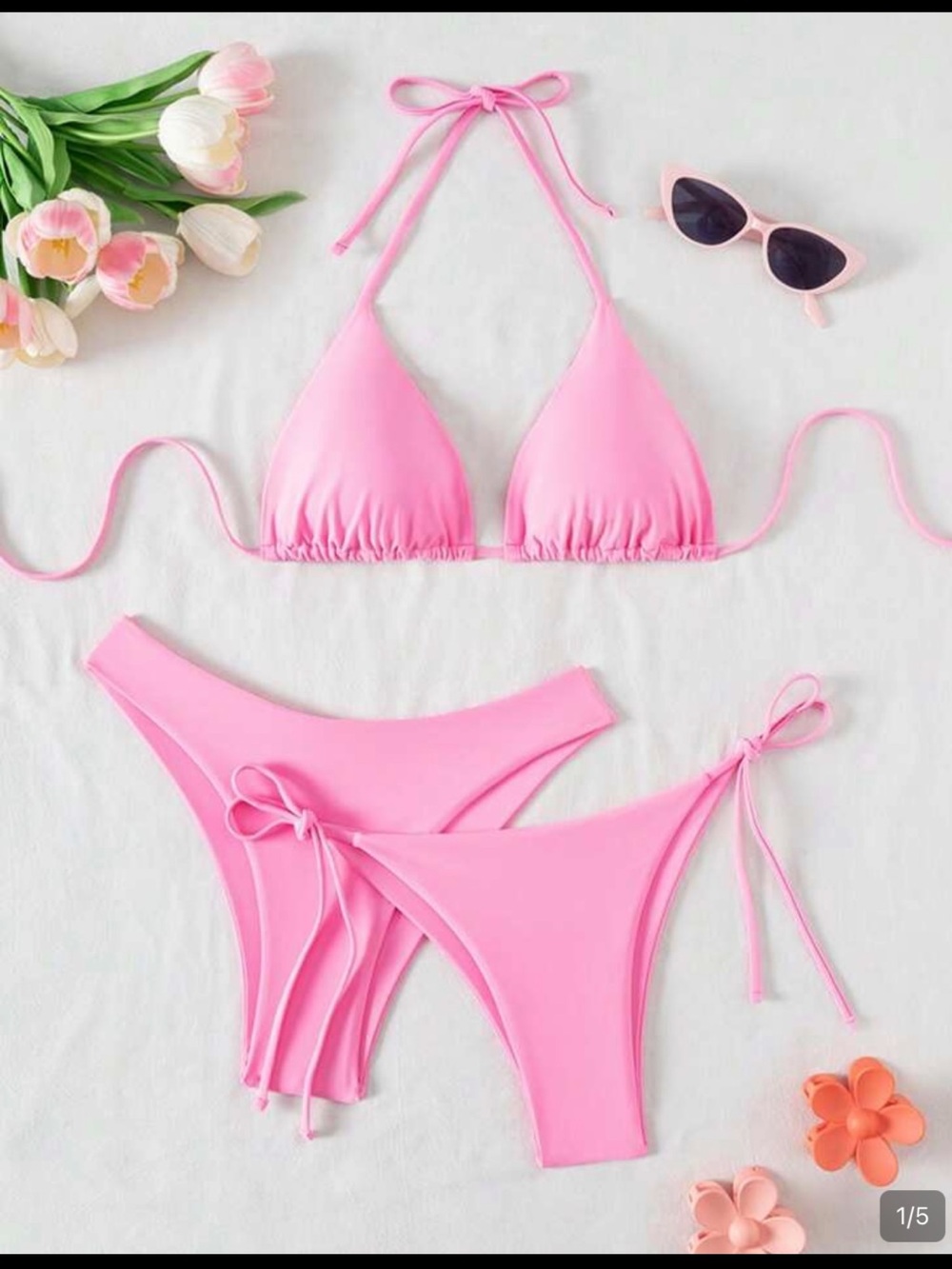 Classic Pink Triangle Bikini Set - Adjustable Tie Straps